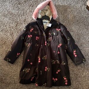 Women's Kate Spaid Floral Jacket with Pink Fur Trimmed Hood